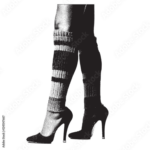 woman in high heels and leg warmer 1980s and 1990s vintage halftone grunge vector design element