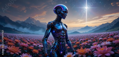 extraterrestre robotico en medio de un jardin de flores 