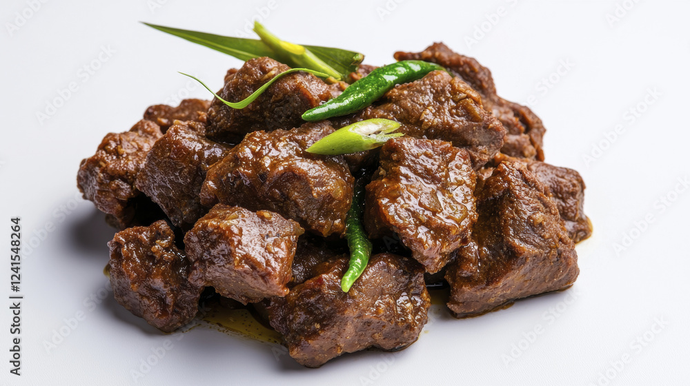 Fototapeta premium Delicious spicy beef dish garnished with green chilies and herbs