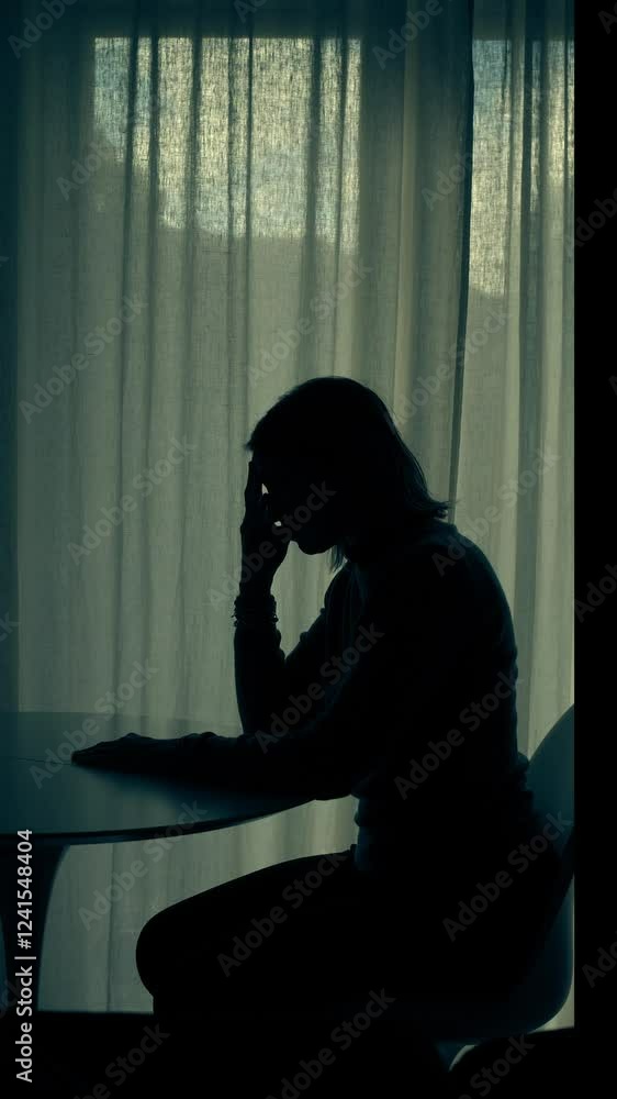 Vertical: Silhouette of a woman sitting at a table by the window, with her head in her hand in a gesture of despair, during the day. Vertical: Silhouette of a woman sitting at a table by the window, with her head in her hand in a gesture of despair, during the day.