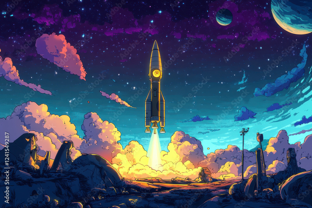 Fototapeta premium Spaceship launches from vibrant planet with rocky peaks, pink clouds, and starry night backdrop