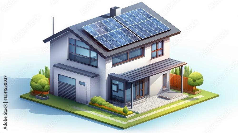 Schematic of solar power system illustrating solar panel, inverter, and battery conversion process Schematic of solar power system illustrating solar panel, inverter, and battery conversion process