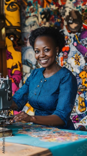 A smiling Kenyan woman in her mid-30s sits at an old sewing machine
