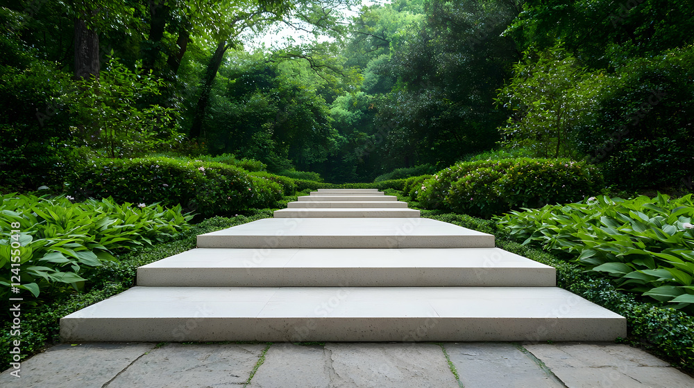 Stone steps lead through lush green garden Stone steps lead through lush green garden