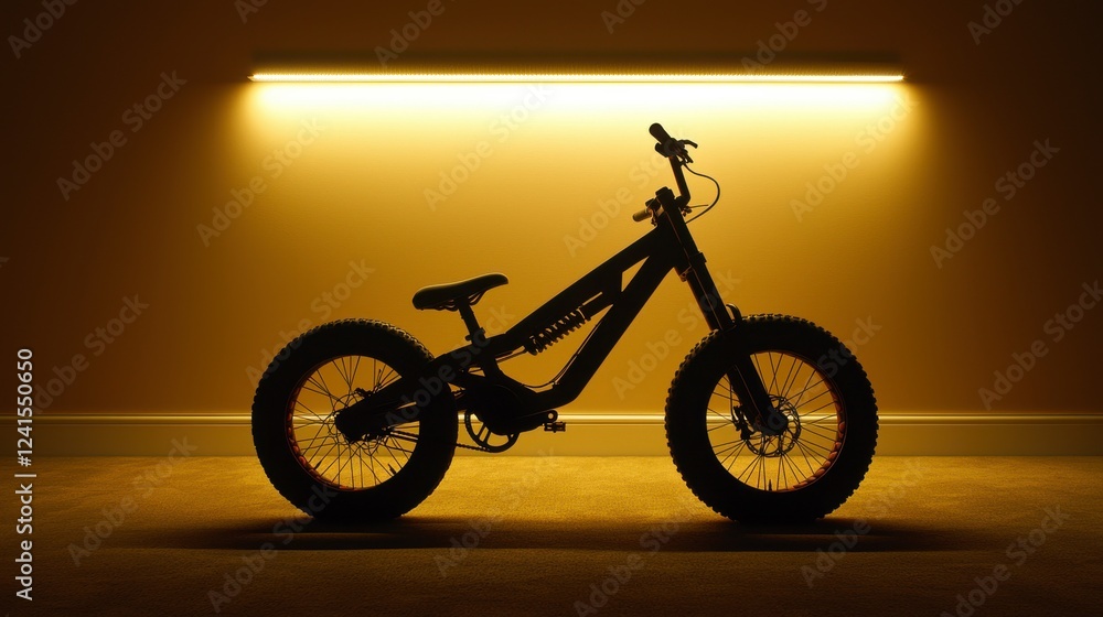 Fototapeta premium Black Fat Bike Silhouette Against Yellow Lit Background in Minimalist Interior Space