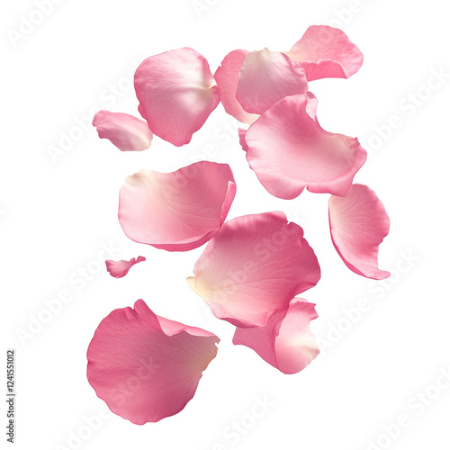 A graceful scattering of soft pink rose petals floating in mid-air, showcasing their delicate texture and romantic aesthetic. Each petal is isolated on a transparent background photo