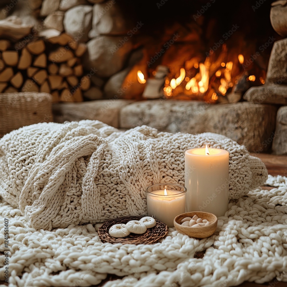 Cozy relaxation scene with candles and soft textiles by the fireplace home interior decor warm ambiance Cozy relaxation scene with candles and soft textiles by the fireplace home interior decor warm ambiance