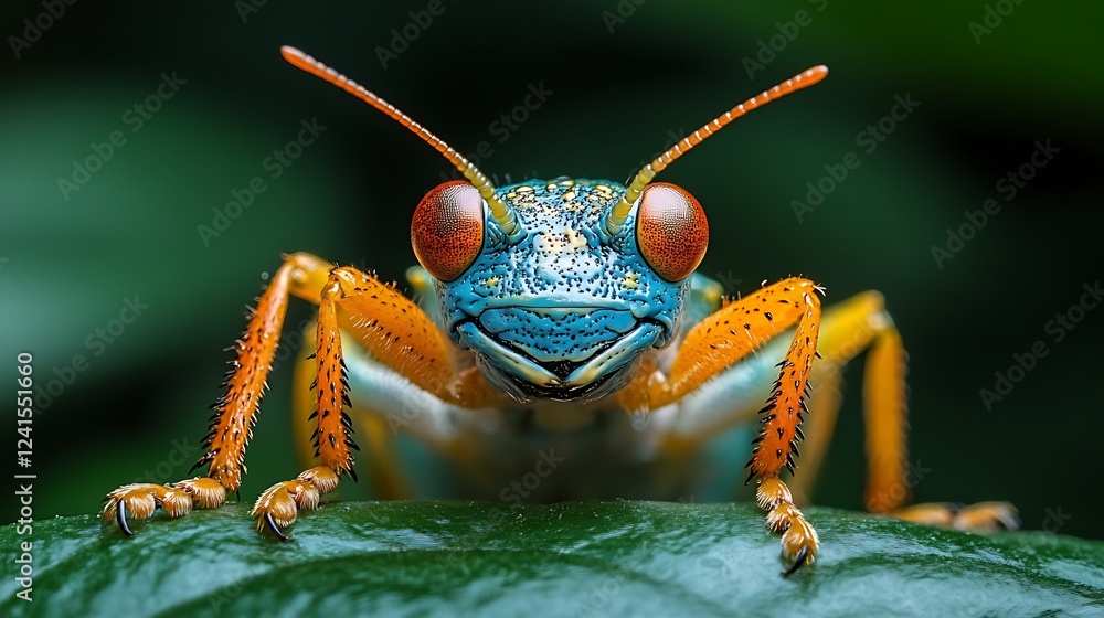 Fototapeta premium A row of five colorful beetles with spots sit side-by-side, showcasing vibrant colors