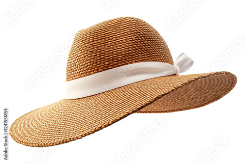 Elegant woven straw hat with a white ribbon bow, isolated on a transparent background. Close-up of a stylish summer accessory, ideal for fashion, travel, or vacation themes.