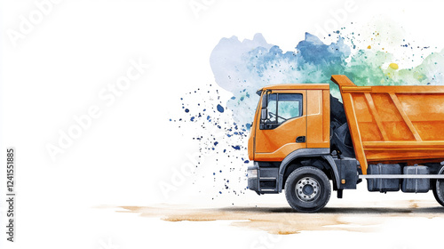 vibrant watercolor illustration of orange dump truck with colorful splashes in background, showcasing blend of creativity and industry