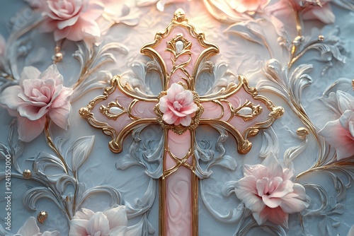 Ornate pink and gold cross with delicate rose embellishments against soft blue background with scattered floral decorations and pearl accents creates romantic composition. photo