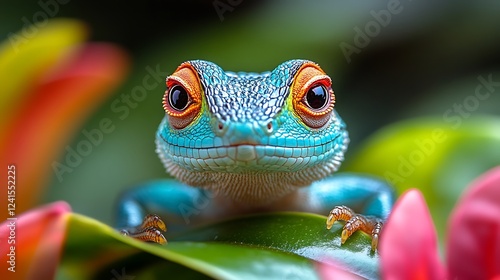 A vibrant lizard with blue body and red head, sits on a rock.