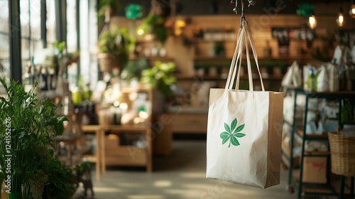 biodegradable shopping bag with a printed green logo, hanging from a hook