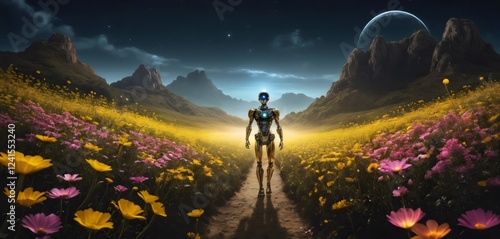 extraterrestre robotico en medio de un jardin de flores 