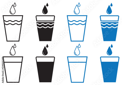 Glass of water with drop line icon collection. Drinking glass outline pictogram set