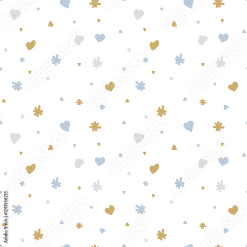 Cute Baby Seamless Pattern. Seamless pattern with hearts, flowers and stars. Background for babies