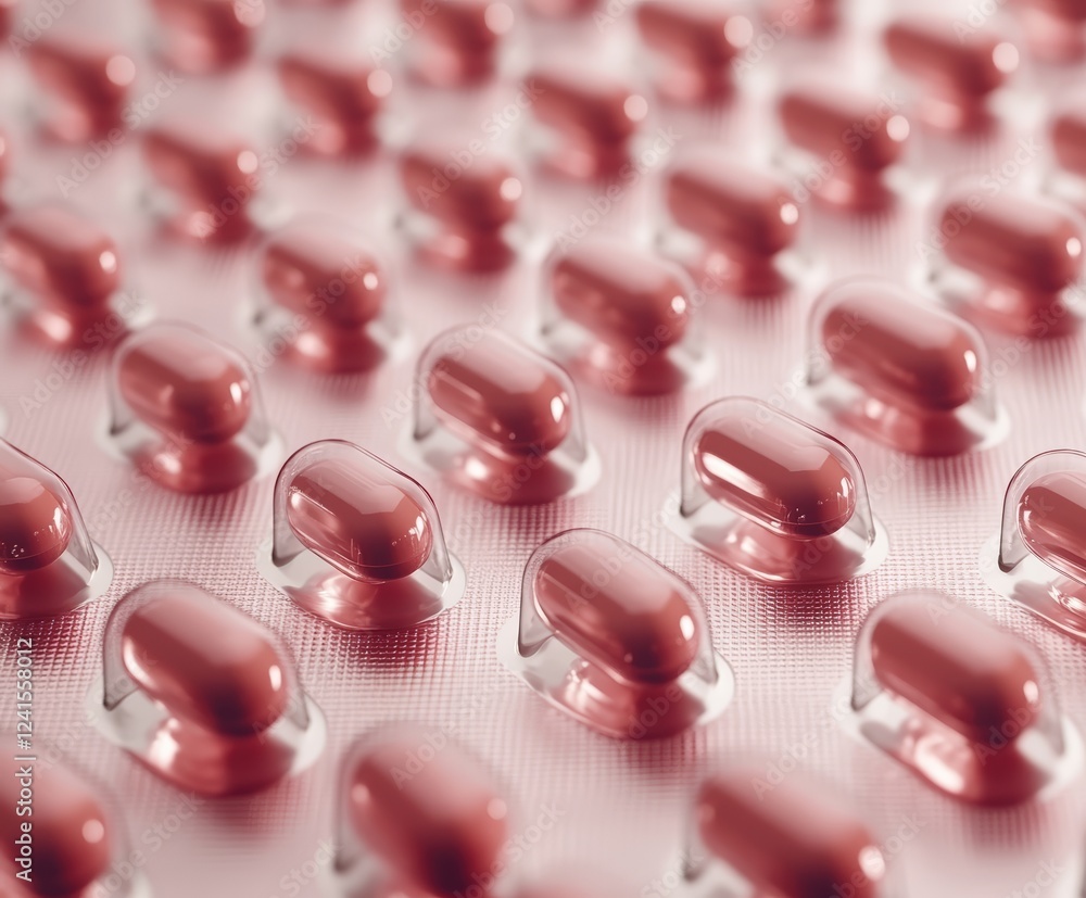 Close-up of pink capsules arranged in a blister pack Close-up of pink capsules arranged in a blister pack