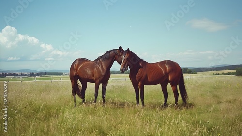 Wallpaper Mural Two Horses Conversing in Peaceful Grass Field Under Sunny Sky Torontodigital.ca