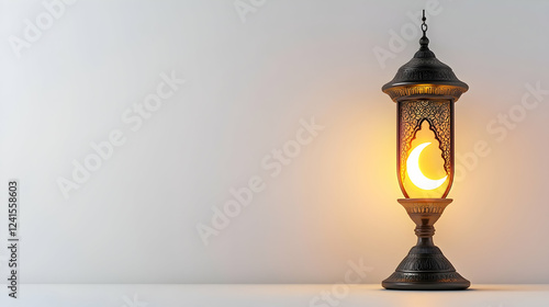 A minimalist Ramadan composition with a single glowing lantern and crescent moon on a white background photo