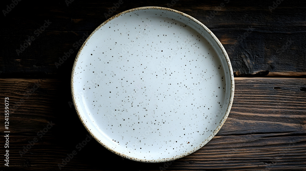 Empty speckled plate on rustic wood, overhead shot, food photography, menu design Empty speckled plate on rustic wood, overhead shot, food photography, menu design