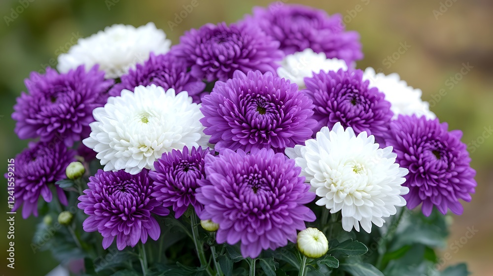 Obraz premium Purple and white chrysanthemums, vibrant colors, macro photography 