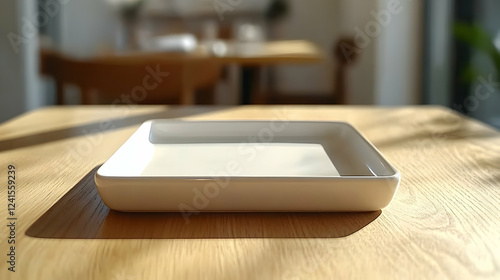Wallpaper Mural Empty square plate on wooden table in sunlit cafe Torontodigital.ca