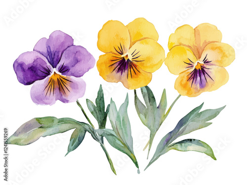 Watercolor Painting of Vibrant Yellow and Purple Pansy Flowers with Green Leaves