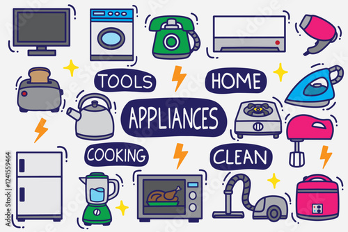 set of appliances doodle with color good for background, wallpaper, sticker, element design, etc