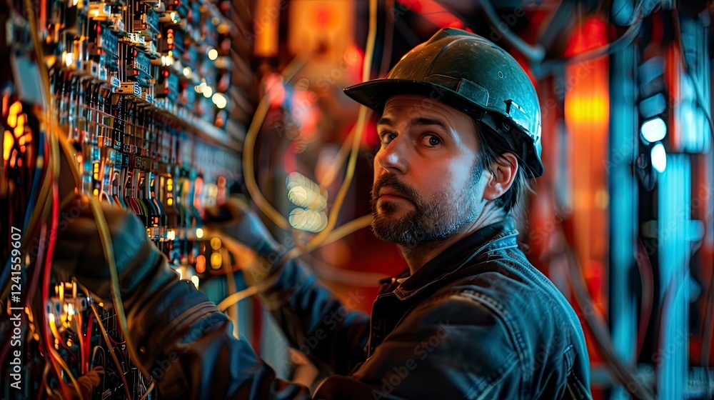 electrican at the work, close up ofa worker with helmet at the workstation electrican at the work, close up ofa worker with helmet at the workstation