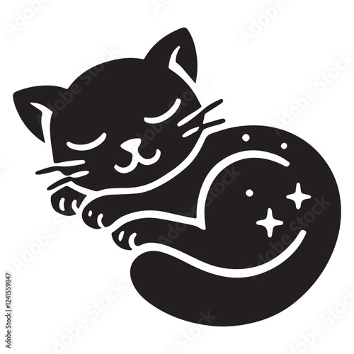 Sleeping Cat Silhouette with Stars Illustration