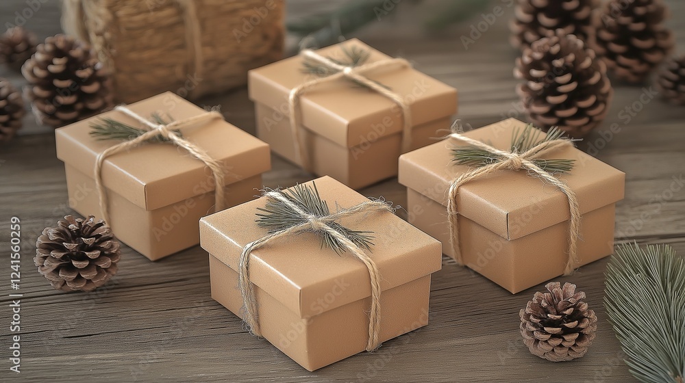 Fototapeta premium A set of eco-friendly gift boxes, tied with jute string, placed on a wooden table with pine cones