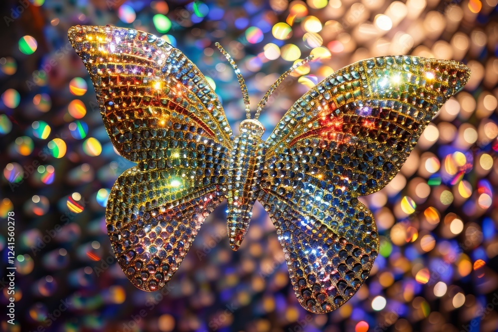 Glittering crystal butterfly on colorful bokeh