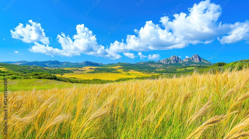 Sunny meadow, mountains, blue sky; idyllic landscape Sunny meadow, mountains, blue sky; idyllic landscape