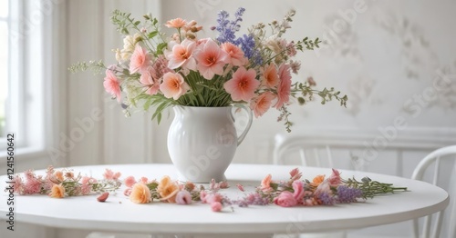 Wallpaper Mural Delicate flowers in shades of pastel colors adorn a simple white table, home decor, pastel flowers, delicate blooms Torontodigital.ca