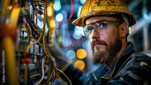 electrican at the work, close up ofa worker with helmet at the workstation