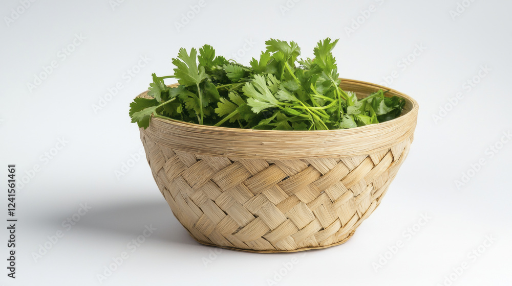 Fresh cilantro in woven basket, perfect for culinary use and decoration Fresh cilantro in woven basket, perfect for culinary use and decoration