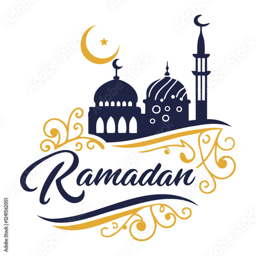 Design a festive logo for Ramadan, incorporating traditional elements like a mosque silhouette with domes and minarets, while using a modern font for the word ‘RAMADAN’