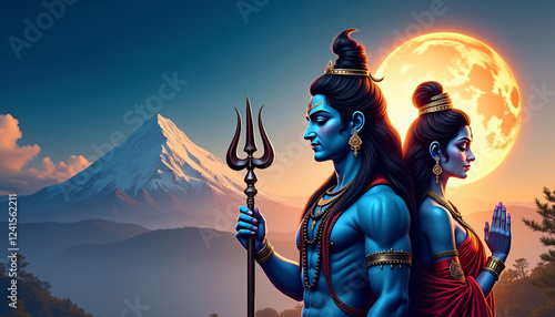Lord Shiva and Goddess Parvati standing against a mystical mountain backdrop