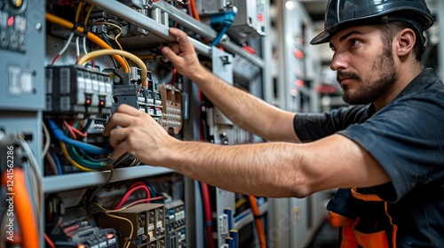 electrican at the work, close up ofa worker with helmet at the workstation