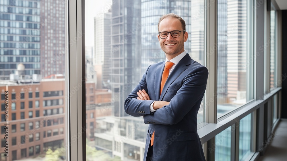 Fototapeta premium CEO in a tailored suit, standing confidently with arms crossed, in a sleek modern office