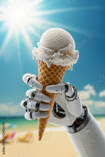 Robotic Arm Holding Melting Ice Cream Cone on Beach Summer Technology Concept AI Dessert