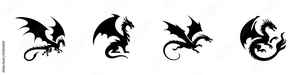 Dragon silhouettes set. Black dragon collection. Vector illustration. Dragon silhouettes set. Black dragon collection. Vector illustration.