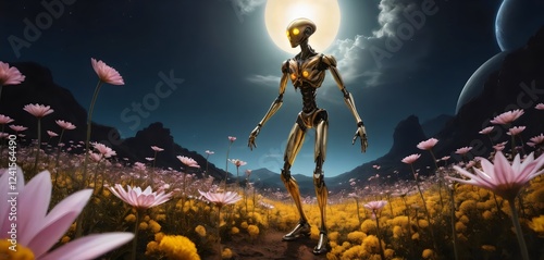 extraterrestre robotico en medio de un jardin de flores 
