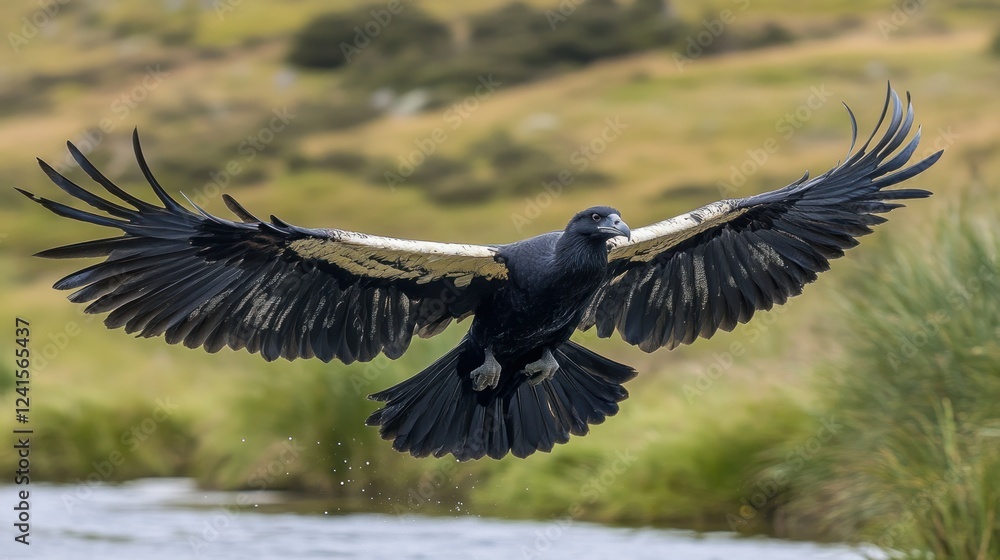 Obraz premium Andean Condor landing, Patagonian river, grassland background, wildlife photography