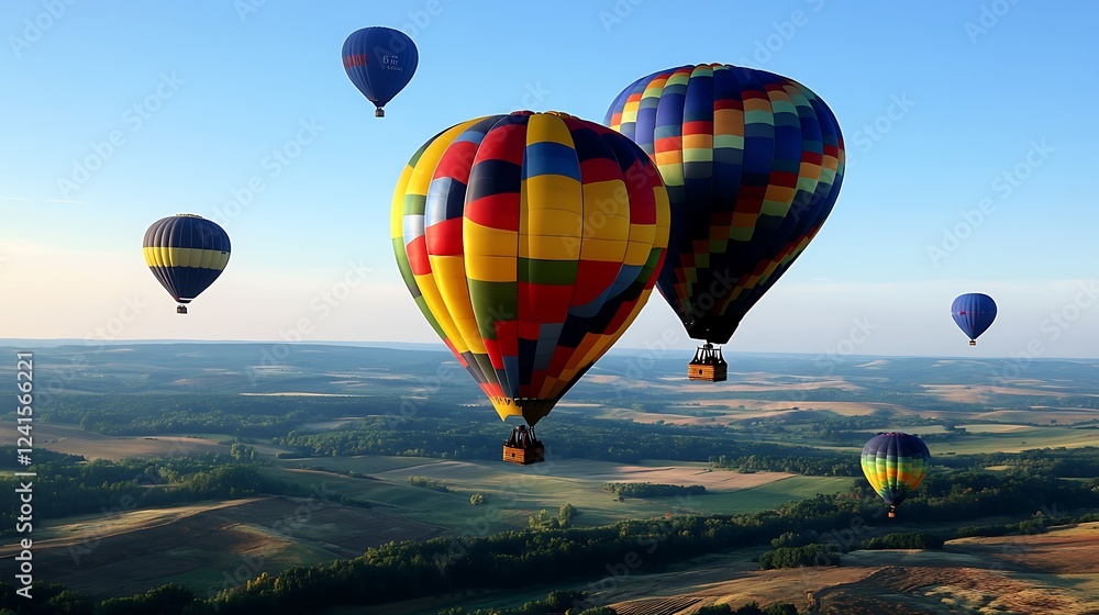 Obraz premium Hot air balloons floating over a beautiful countryside, with vibrant colors contrasting against the clear sky