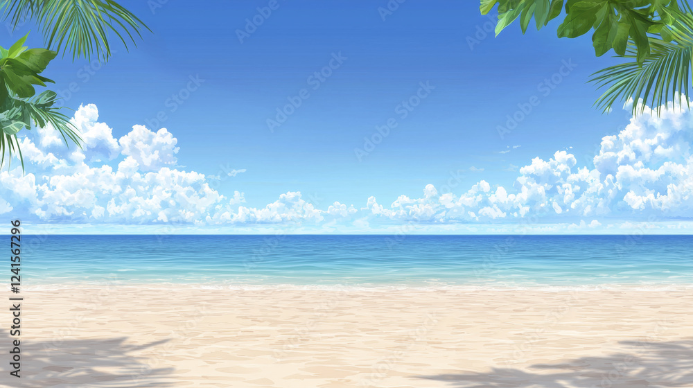serene tropical beach scene with clear blue skies, fluffy clouds, and gentle waves lapping at shore. lush greenery frames view beautifully serene tropical beach scene with clear blue skies, fluffy clouds, and gentle waves lapping at shore. lush greenery frames view beautifully