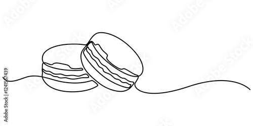 Macaroon one line drawing vector, Continuous one line drawing of colorful French macaroons isolated on white background. Hand drawn macarons minimal design art, confectionery concept. Pro Vector. 