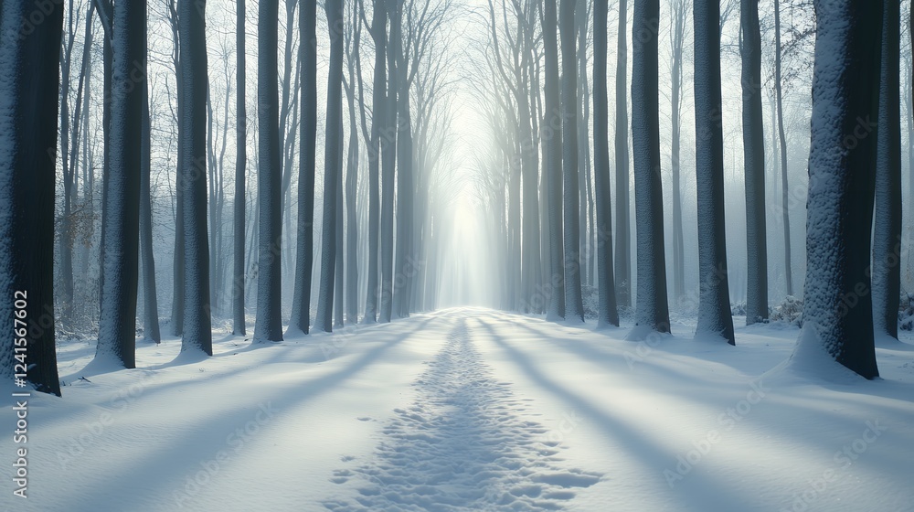 Fototapeta premium A snow covered path through a tall forest, creating a serene winter wonderland, perfect for a peaceful walk