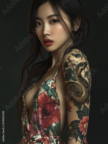Digital portrait of a beautiful Thai or Chinese lady with snake tattoo and silk dress with floral pattern, long hair, looking at the camera, Asian model posing on dark background, elegant young woman 