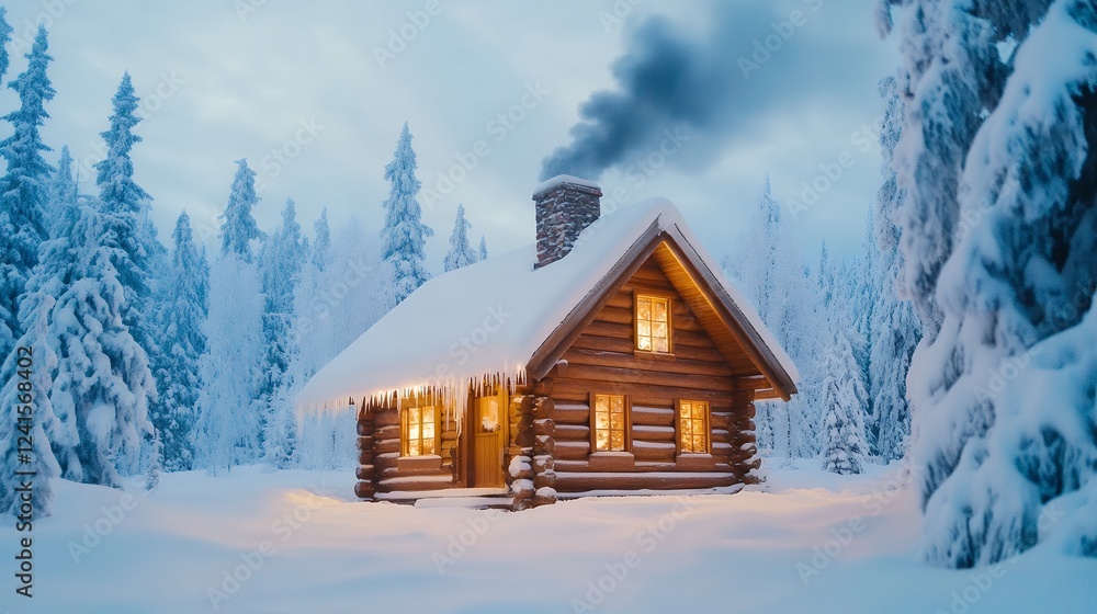 Naklejka premium A cozy log cabin with smoke from the chimney, surrounded by a snowy forest, exuding warmth and shelter